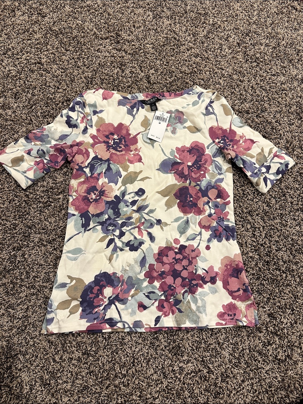 Floral Boatneck Top in Cream and Pink